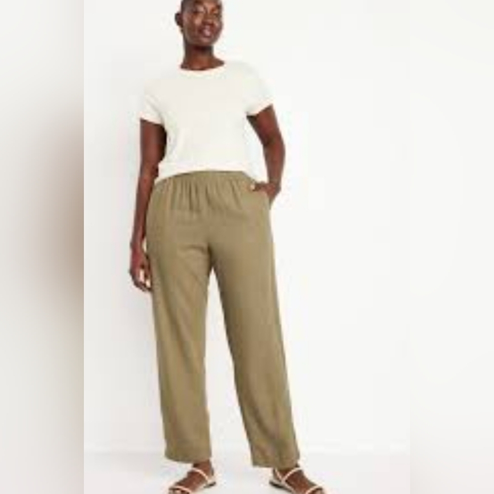 Old Navy Size 3X Linen Blend Hi-Rise Straight Pull On Comfy Waistband Green Pant